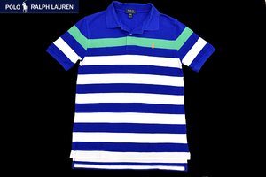 S-6349★送料無料★美品★POLO RALPH LAUREN ポロ ラルフローレン★国内正規品 ブルーベースのボーダー柄 鹿の子 半袖ポロシャツ L(14-16)