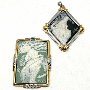 宝石付き!!［ミュシャペンダントトップ 2点おまとめ］s ◎約53.9g エメラルド ダイヤモンド Diamond emerald pendant top DA1