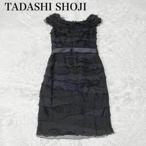 【美品】TADASHI SHOJI タダシショージ　ドレス　ワンピース　フリル　ティアード　レース　ベルト　ノースリーブ　ブラック　４サイズ