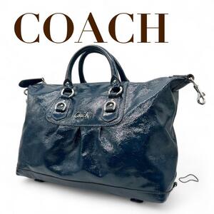 1円 美品 COACH コーチ ハンドバッグ トートバッグ A4収納可能 パテント エナメル 本革 F15454 ブルー レディース 正規品 鑑定済 大容量 U1