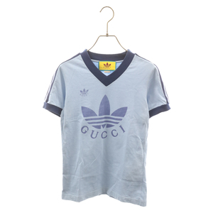 GUCCI グッチ 22SS ×ADIDAS アディダス トレフォイルロゴ VネックTシャツ 半袖Tシャツ ブルー 693636 レディース