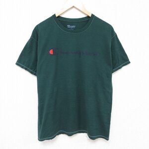 L/古着 チャンピオン Champion 半袖 ブランド Tシャツ メンズ ビッグロゴ コットン クルーネック 緑 グリーン 24jun06 中古