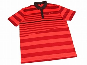 新品同様*NIKE GOLF ナイキ*赤系ランダムボーダー柄*DRI-FIT*メンズ*ストレッチ*半袖ボタンダウンポロシャツ*Ｌ*春夏