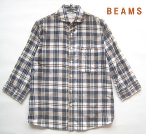 美品!!ビームス BEAMS*春夏モデル 7分袖清涼チェック柄シャツ M 紺×白×茶×ベージュ