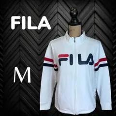 【FILA】フルジップジャージ　ロゴプリント　裏地パイル　ボーダー　ホワイト　M