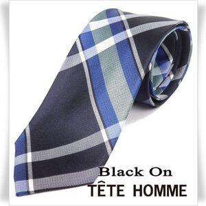 新品1円～★Black On TETE HOMME テットオム シルク絹100％ ネクタイ 織柄 チェック ブルー ネイビー 正規店本物◆3644◆