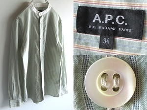 ネコポス対応 A.P.C. アーペーセー 襟切替 コットン ストライプ バンドカラーシャツ スタンドカラー ブラウス 34 ライトグリーン