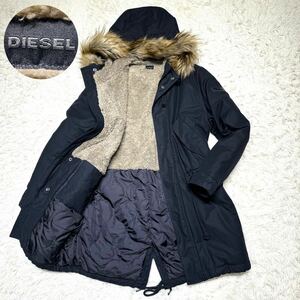 希少●美品●DIESEL ディーゼル　ロングコート　モッズコート　裏ボア　ブラック　黒　極暖　ファー付　メンズ M~L相当 レザー　ワッペン