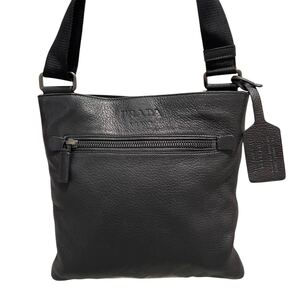 【1円〜】PRADA プラダ オールレザー ショルダーバッグ サコッシュ ロゴ型押し エンボスロゴ 黒 ブラック クロスボディ 斜め掛け 本革