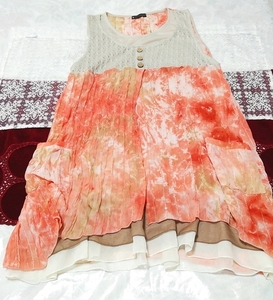 オレンジグレーレースニットシフォンノースリーブ ネグリジェ ワンピース Orange gray lace knit chiffon sleeveless negligee dress