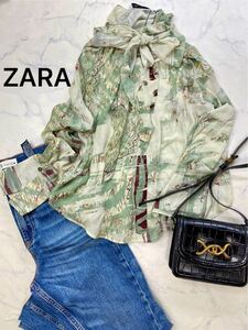 ZARA ザラ★タグ付き未使用★大人素敵★インポート風 リボンデザイン ブラウス シャツ トップス 総柄★マルチカラーSサイズ 1021