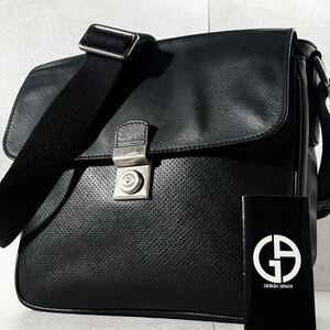 極美品/入手困難 ●GIORGIO ARMANI ジョルジオアルマーニ メンズ ビジネス ショルダーバッグ メッセンジャー レザー 斜め掛け ブラック