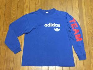 レア ビンテージ 80s カナダ製 adidas ロンT チームアディダス M 青 Tシャツ 80年代 袖プリント ヴィンテージ vintage