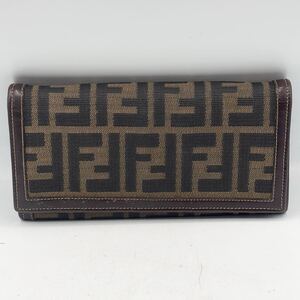 ¥1スタ FENDI フェンディ 美品 ズッカ柄 二つ折り 長財布 キャンバス レザー ブラウン 