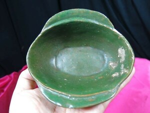 B　安南緑釉耳盃　１～２世紀　遺跡発掘品　陶器　明器　珍品　釉薬