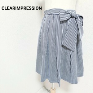 クリアインプレッション CLEARIMPRESSION 美品 フレアスカート ギャザー ひざ丈 ストライプ柄 ウエストリボン 黒白色 3 L レディース