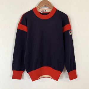 雰囲気抜群 良品 80s FILA ヴィンテージフィラ バイカラー ウールニット S相当 ネイビー レッド ボックスロゴ