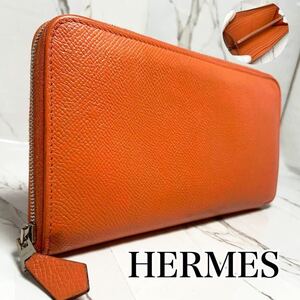 【入手困難☆オールレザー】エルメス HERMES アザップ 長財布ラウンドファスナー ロングウォレット 本革レザー オレンジ メンズ レディース