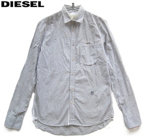 美品トルコ製!!ディーゼル DIESEL*ロゴ刺繍 ストライプ柄コットンシャツ M グレー×白