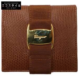 美品 Salvatore Ferragamo サルヴァトーレフェラガモ 22-3053 ヴァラ 型押しレザー 二つ折り財布（小銭入れあり） TAN レディース