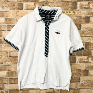 MR.UP!SMILE メンズ ニコちゃん刺繍 ネクタイ風 デザイン ハーフボタン 半袖ポロシャツ 大きいサイズ XL 白紺