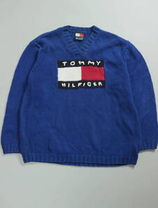 A959/TOMMY HILFIGER/トミー ヒルフィガー/90s/コットンニットセーター/ブルー/コットンニット/デカロゴ/メンズ/Mサイズ/古着/オールド