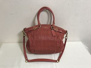 美品本物コーチCOACH本革レザーギャザー2wayトートビジネスショルダーバッグボストンバック赤レッドトラベル旅行メンズレディース