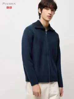 ユニクロ スフレヤーンリブフルジップセーター 69 NAVY L