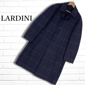 ◆美品◆ LARDINI ラルディーニ ウール ツイード チェック ステンカラー ロング コート 紺 ネイビー メンズ 46 M ◆イタリア製◆ 1624I