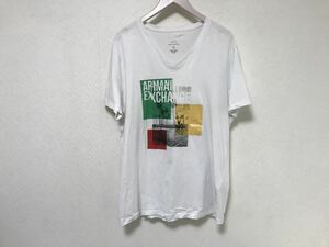 本物アルマーニエクスチェンジARMANIコットンプリントVネック半袖Tシャツ白ホワイトメンズ旅行トラベルXL