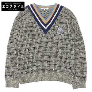 美品 Maison Kitsune メゾンキツネ フォックスヘッド Vネック ニット セーター メンズ ブラウン×ネイビー系 M 23年 LM00803KT1095