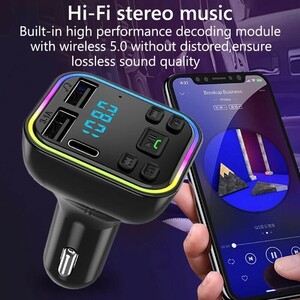 ☆新品☆FMトランスミッター　Bluetooth5.0　スマホの音楽や動画の音声を車で楽しめる! USB２ポート、Type-C１ポート ハンズフリー通話