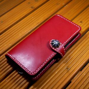 【1個限定 即発送可能】iPhone 13 Pro Max アイフォン13プロマックス 手帳型ケース 手縫い 赤本革 レッドレザー 馬具職人工房