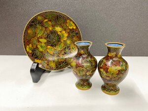 七宝焼 絵皿 飾皿 一輪挿し ミニ花瓶 フラワーベース 高さ8.5cm 中国美術 レトロ 花柄 アンティーク 古美術 レトロ 3点セット