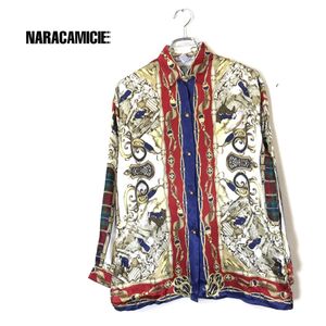 1O2975-N◆old◆イタリア製 NARACAMICIE ナラカミーチェ レーヨンシャツ デザインボタン ◆ size1 マルチカラー 総柄 とろみ 古着