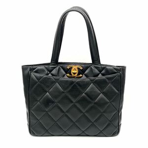 1円 良品 CHANEL シャネル マトラッセ デカ ココマーク ターンロック ラムスキン ハンド トート バッグ D0769T