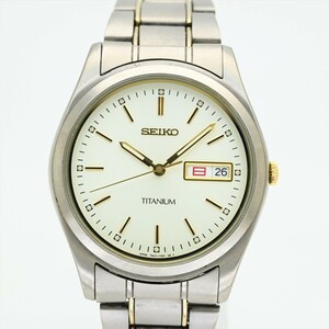 2.SEIKO/SPIRIT●チタン/TITANIUM 7N43-9100 クオーツ 電池交換済 メンズ腕時計 純正ベルト デイデイト 日本製 中古 セイコー スピリット