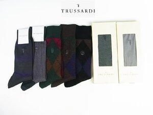 ◆未使用◆TRUSSARDI/トラサルディ◆紳士靴下 7足セット◆グレー/青/緑/赤/紫◆アーガイル/縦縞/横縞◆犬◆イギリス◆高級紳士用品◆