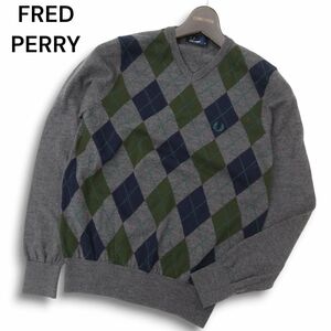 FRED PERRY フレッドペリー 秋冬 ロゴ刺繍★ Vネック アーガイル ウール100%★ ニット セーター Sz.XS　メンズ グレー　C4T08502_9#K