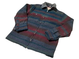 ジャンク/USA製/80s-WOOLRICH ウールリッチ ボーダー柄ブランケットラグウールジャケット 表記-M 実寸-L ブランケット