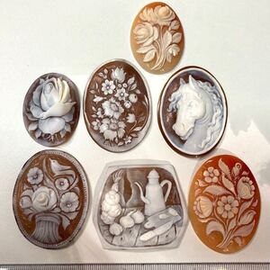 1円〜!!草・花・動物モチーフ!!◆シェルカメオおまとめ64g◆j 約320ct shell cameo ブローチ 彫刻 アンティーク 作家物 植物 馬 w4ま22