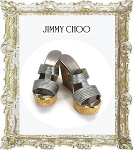 定価72,000円★即決★美品★JIMMY CHOO ジミーチュウ シルバーグレー コルクヒール ウエッジソール サンダル 38