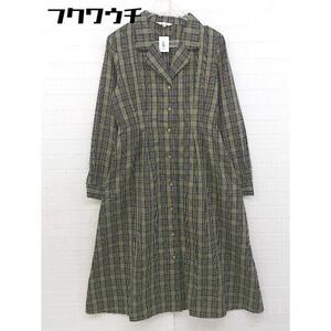 ◇ MOUSSY マウジー チェック 長袖 膝下丈 シャツ ワンピース サイズ1 カーキ系 レディース