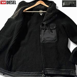 極美品/XLサイズ●DIESEL ディーゼル ニット パーカー フード ジップジャケット ローゲージ 胸元レザーロゴ 凸凹ワッフル 3D 裏地ボア 黒