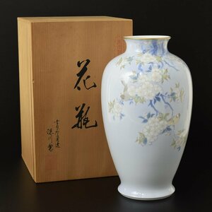 ◎525831 美品 深川製磁 官窯染付 花鳥図 花瓶 宮内庁御用達 有田焼 深川製磁 官窯染付 花鳥図 花瓶 飾壷 花器 高38cm 共箱