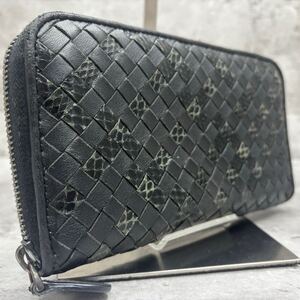 【極美品】 RFID ボッテガヴェネタ BOTTEGA VENETA 長財布 ラウンドファスナー イントレチャート パイソン レザー メンズ ビジネス 黒 IC