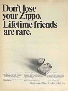 1968年ZIPPO LightersZIPPOを失くさないようにしてください。生涯の友人は稀です。/ヴィンテージ雑誌広告オリジナル・ポスター