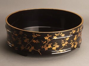 【琴》送料無料 時代漆器 黒塗蒔絵 丸桶 幅38.5cm KY771