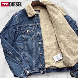 極美品/XL相当◎ディーゼル DIESEL 裏地ボア デニムジャケット Gジャン ブルゾン 胸元ロゴ 厚手 インディゴブルー メンズ フワフワ◎極暖