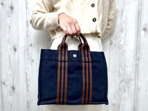 極美品 HERMES エルメス フールトゥPM トートバッグ ハンドバッグ バッグ キャンバス 紺×茶 78751Y